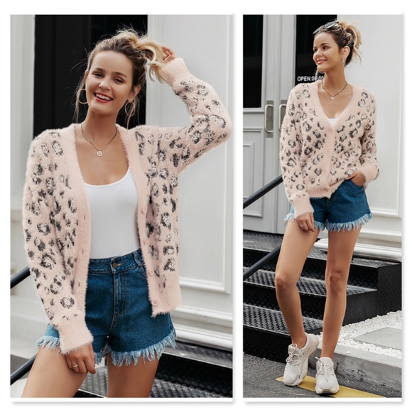 Fuzzy Pink Cheetah Buttoned Cardigan V-Neck - Picture 6 of 10